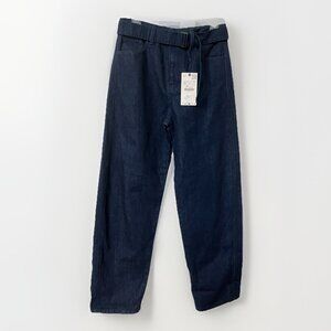 NWT Zara Belted Denim Pants Womens 4 Dark Blue Straight Leg Jeans